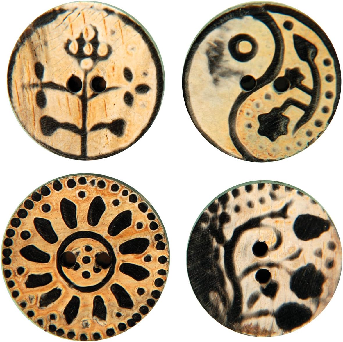 Horn Buttons 4x 1" Round, Hand Carved Bone Button, Rustic Carvings
