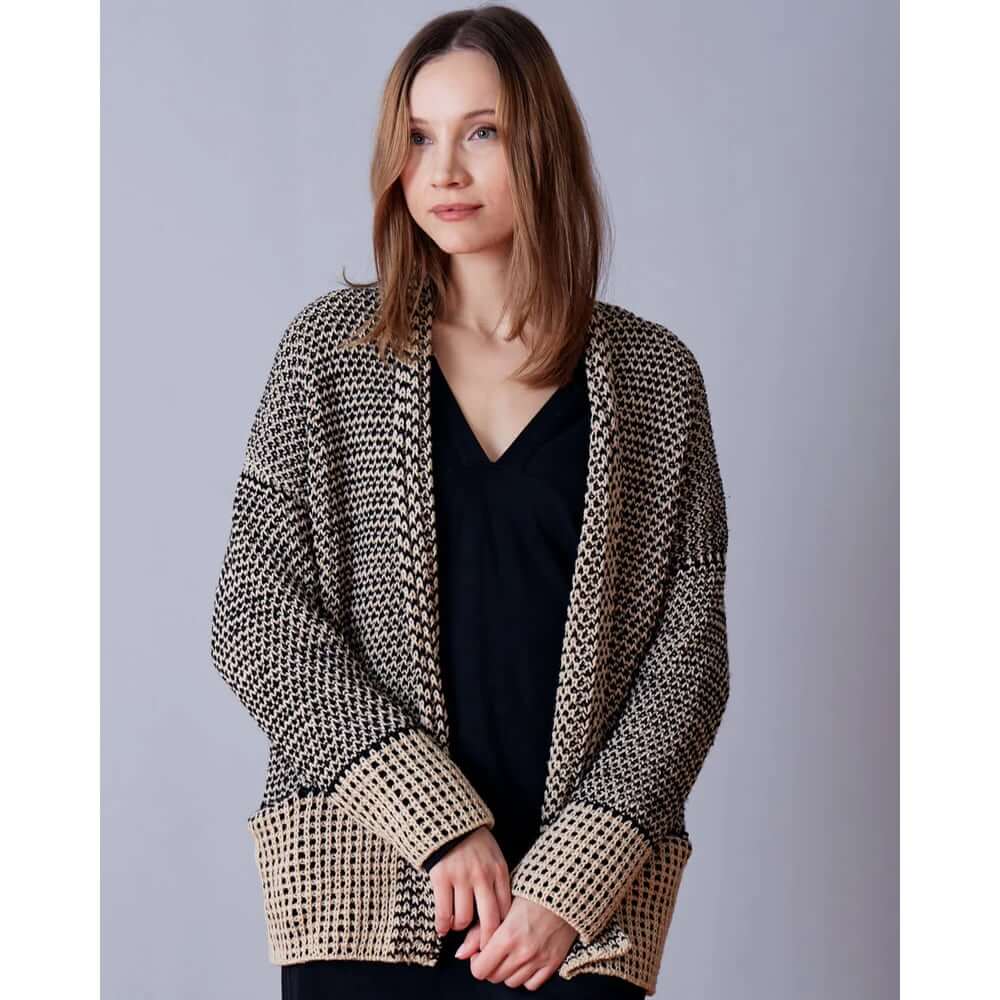 Crosshatch Knit Cardigan Sweater Knitting Pattern & Yarn Kit in Urth Yarns DK Harvest Oleaster & Thuja