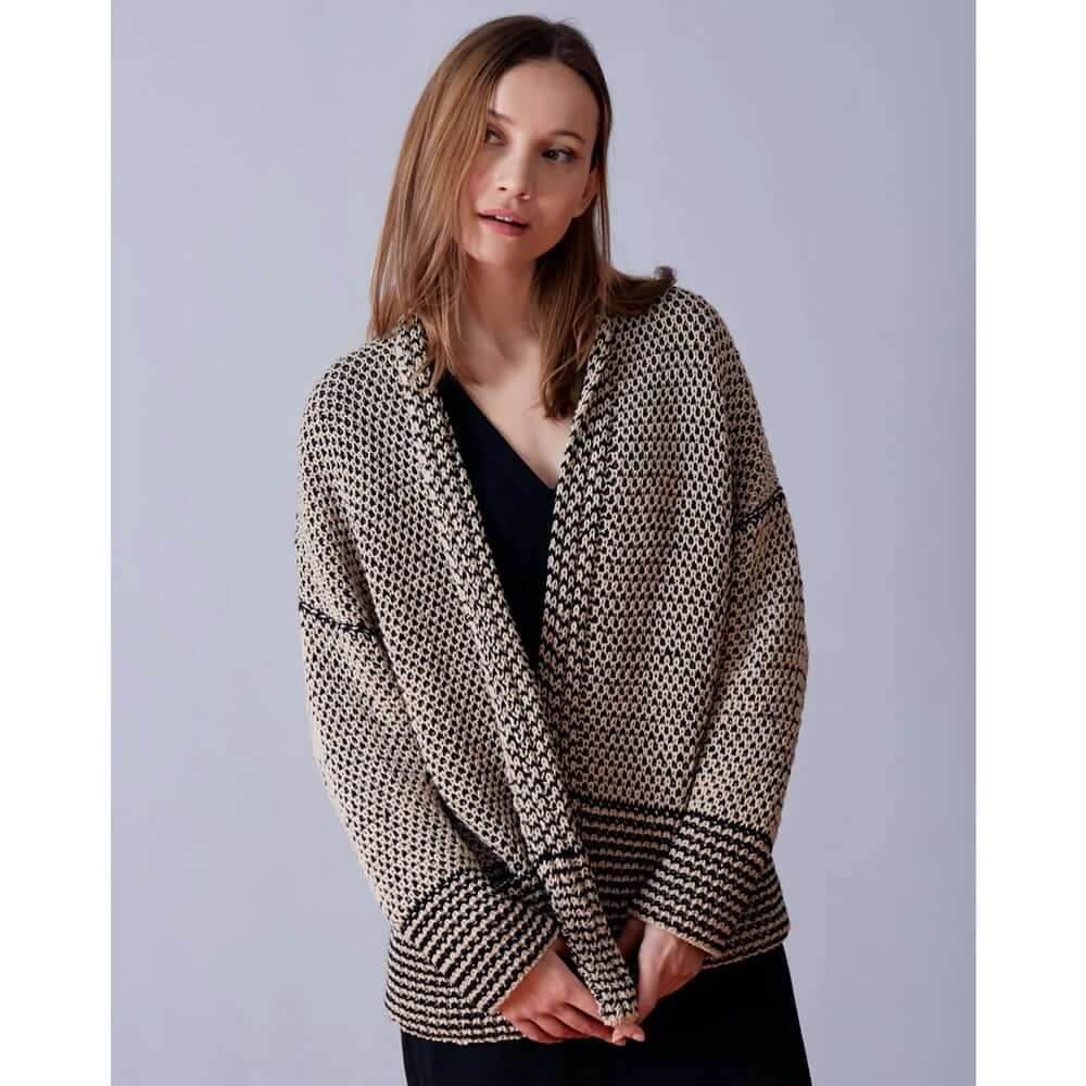 Crosshatch Knit Cardigan Sweater Knitting Pattern & Yarn Kit in Urth Yarns DK Harvest Oleaster & Thuja