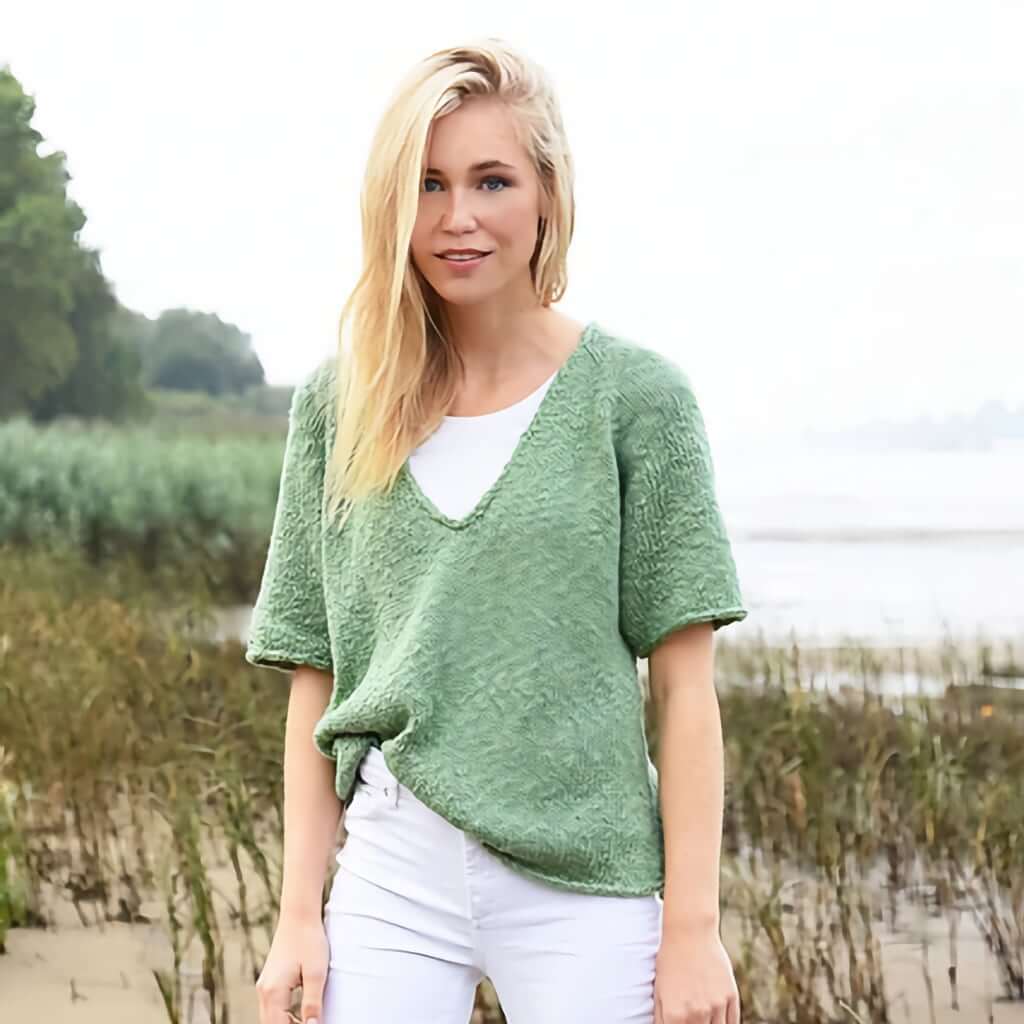 Summer Knit Top Pattern Alma V-Neck Knit Top, Mirasol Yarns, light green v-neck knit sweater pattern