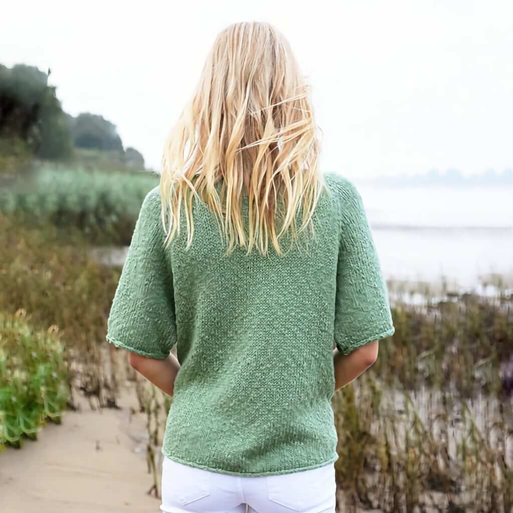 Summer Knit Top Pattern Alma V-Neck Knit Top, Mirasol Yarns, light green v-neck knit sweater pattern