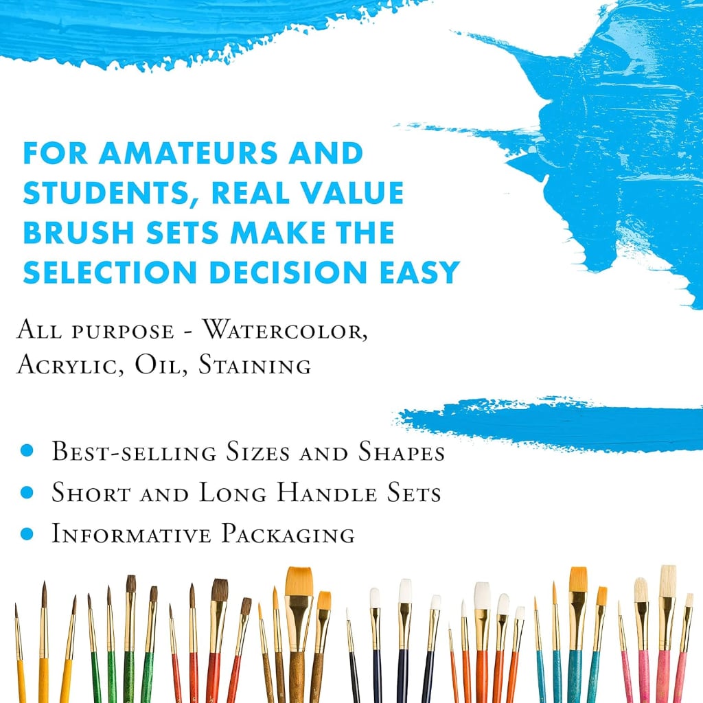Paint Brushes, Bristle Natural Brush Set of 3 - Round & Flat Ideal for Beginners & Students, Good Quality Sable Hair Brushes