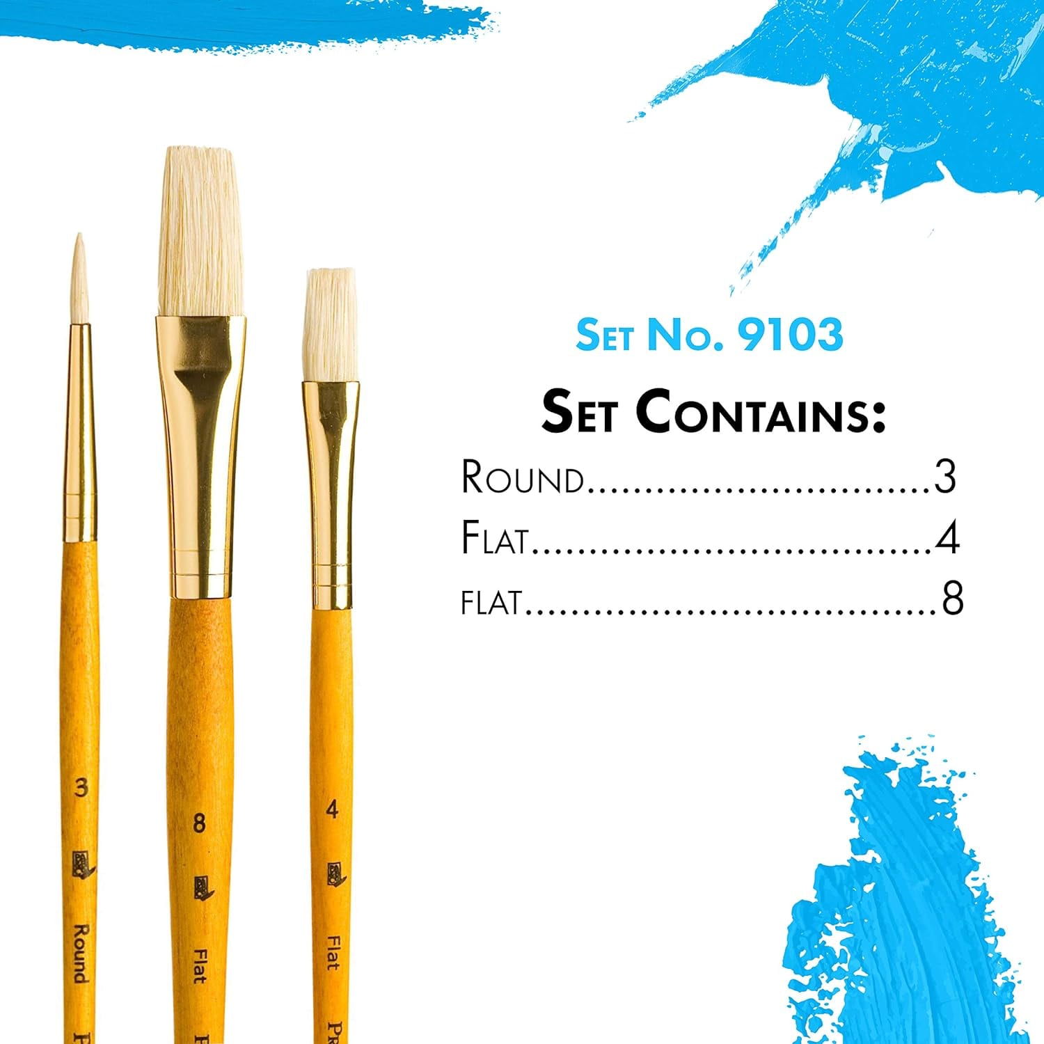 Paint Brushes, Bristle Natural Brush Set of 3 - Round & Flat Ideal for Beginners & Students, Good Quality Sable Hair Brushes