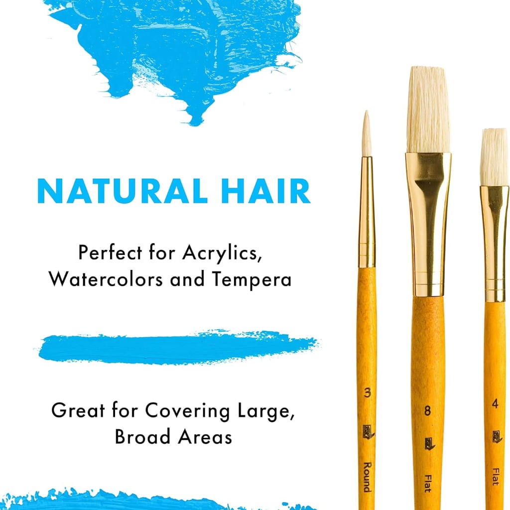 Paint Brushes, Bristle Natural Brush Set of 3 - Round & Flat Ideal for Beginners & Students, Good Quality Sable Hair Brushes