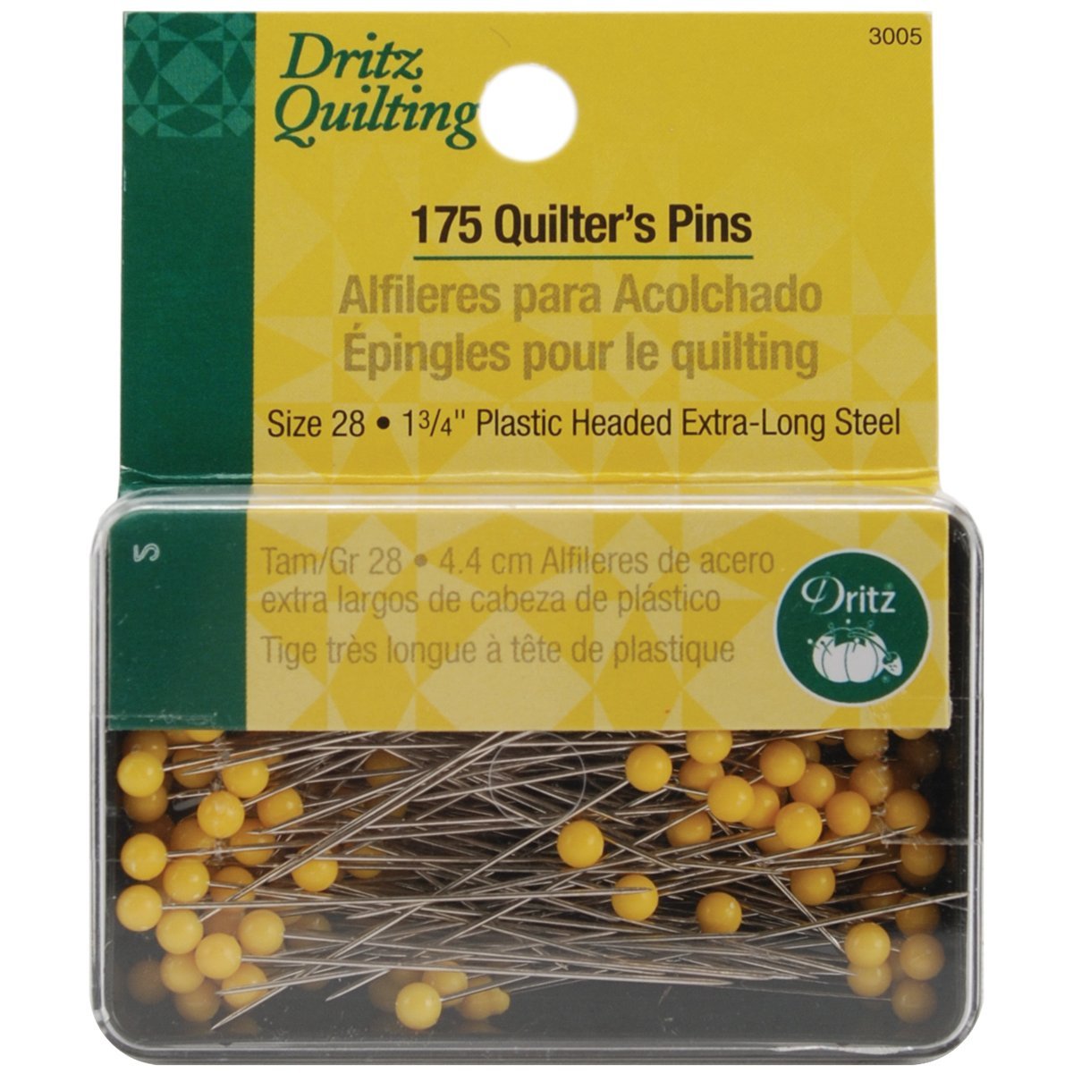 Dritz Sewing Pins with Yellow Plastic Heads, 1¾" Long, Size 28 Dritz Quilter's Pins with Yellow Plastic Heads, 1¾" Long Yarn Designers Boutique