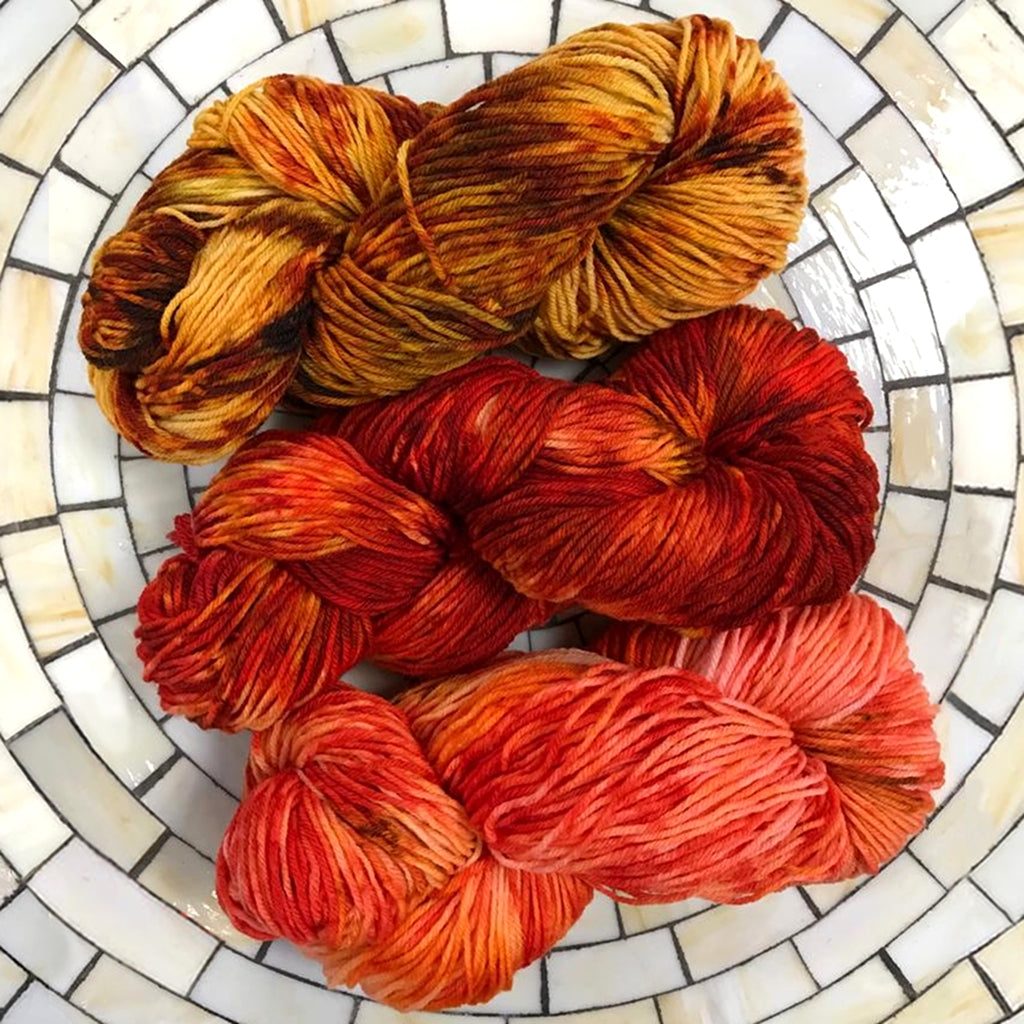 Yarn Kit | DK Hand Dyed Yarn | 3 Skeins Gold & Red Hues of Autumn Leaves Autumn Leaves, Three Skein Fade, DK Weight Yarn Designers Boutique