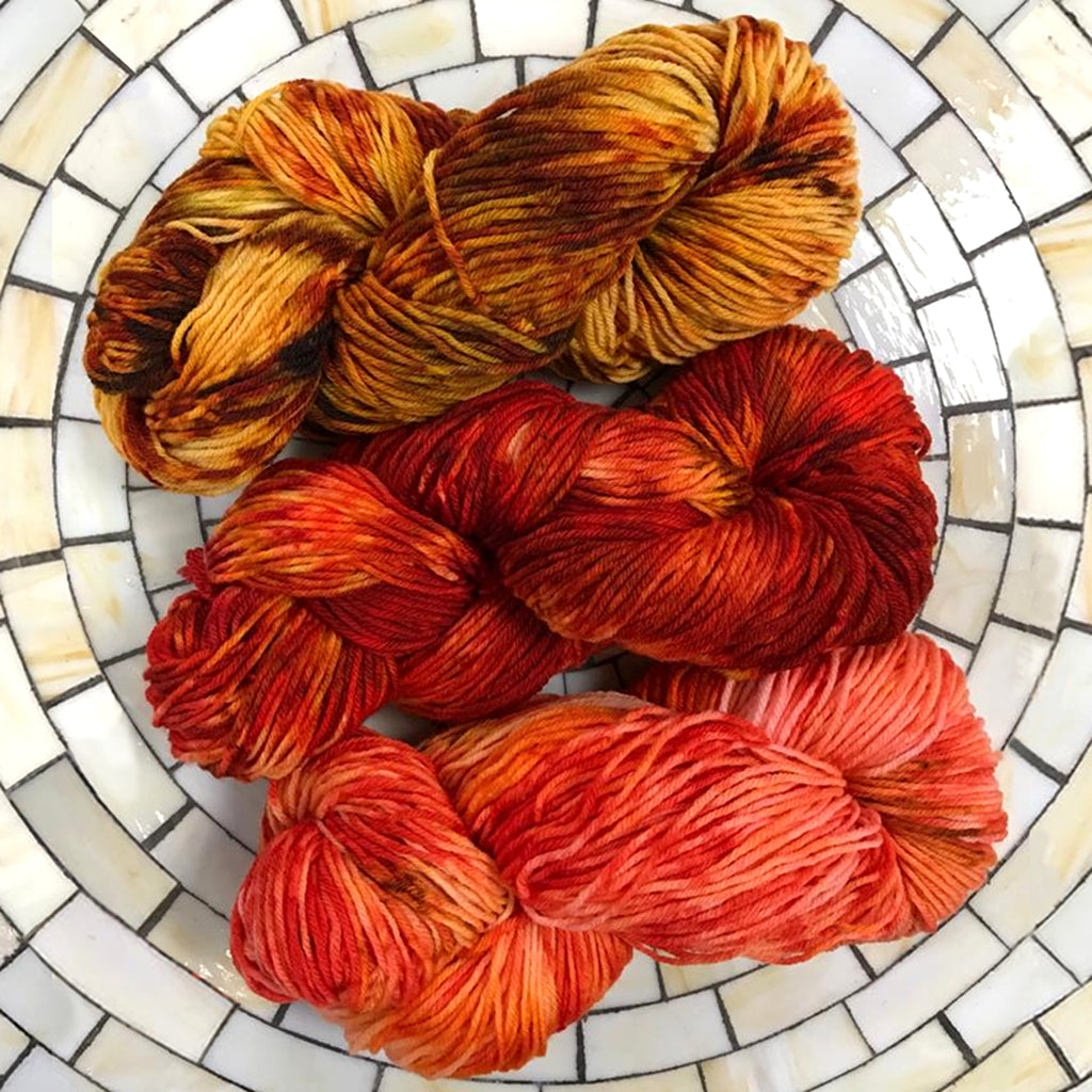 Yarn Kit | Hand Dyed Yarn | 3 Skeins Gold & Red Hues Autumn Leaves Hand Dyed Yarn, Autumn Leaves Three Skein Fade (Choose Your Base Yarn) Yarn Designers Boutique