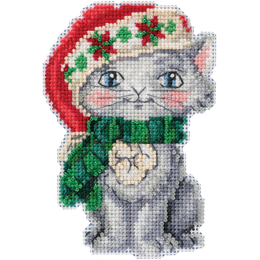 Christmas Decorations Kitten Cross Stitch Kit with Bead Embellishments Holiday Cross Stitch Kit, Christmas Cat Yarn Designers Boutique