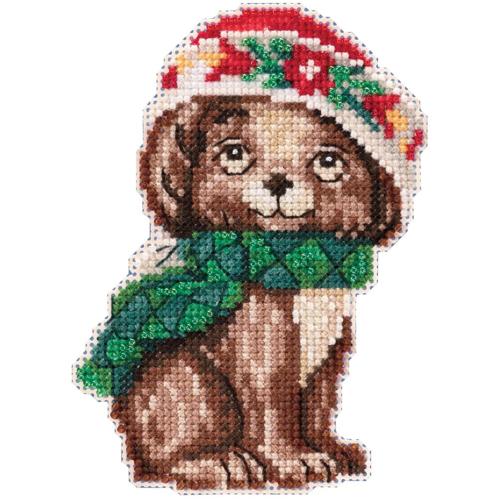 Beaded Cross Stitch Christmas Decoration Kit, Puppy in Santa Hat Christmas Puppy Beaded Cross Stitch Kit Yarn Designers Boutique