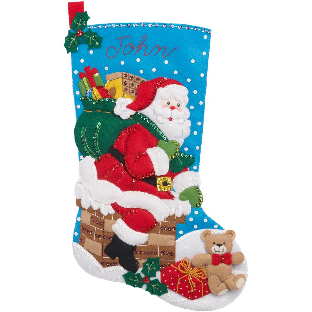 Christmas Stocking Wool Felt Kit,Down the Chimney, DIY Christmas Decor Down the Chimney Christmas Felt Applique Kit 18" Long Stocking Yarn Designers Boutique