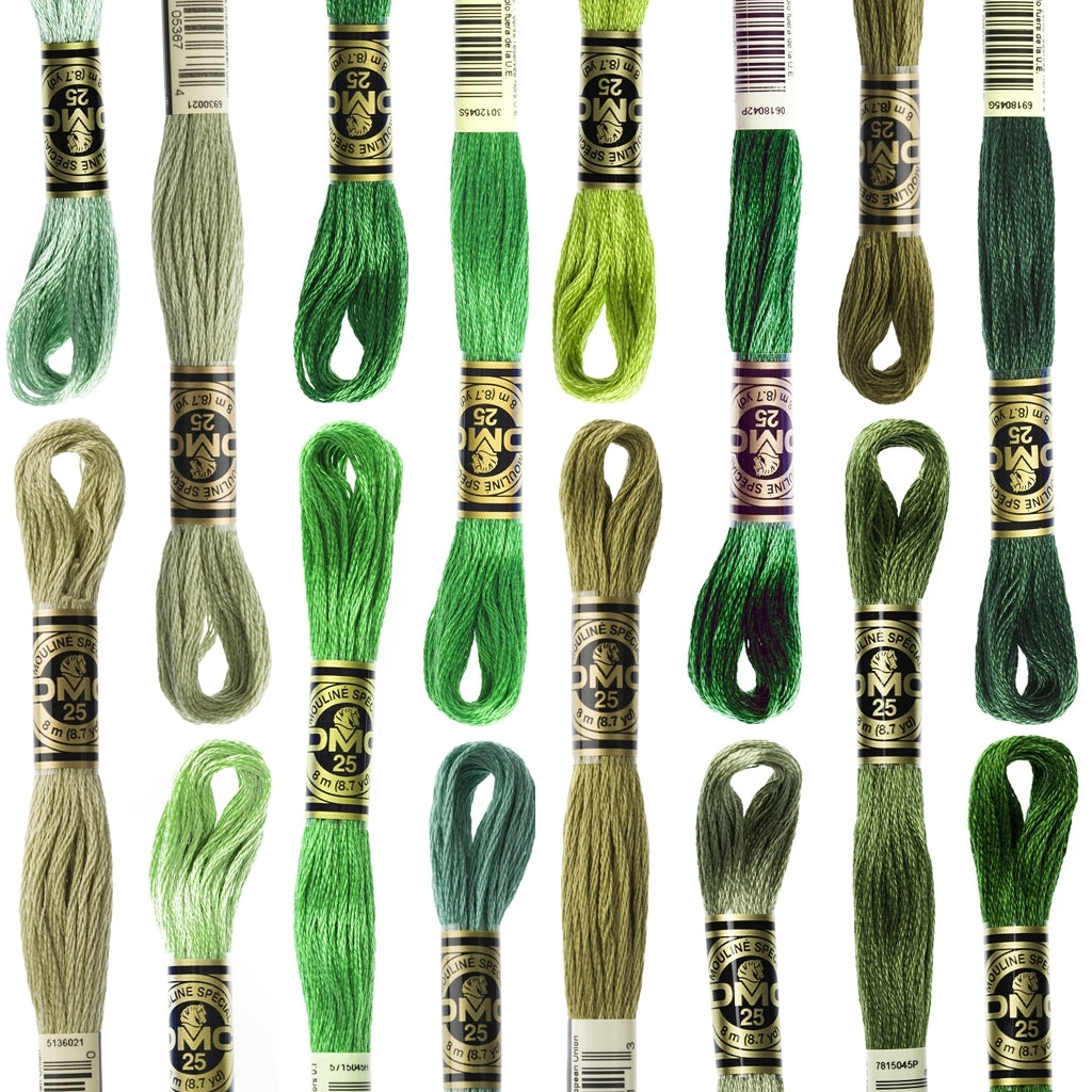 DMC Thread Mouliné #25 Embroidery Cotton 6 Strand 8.7yd Lot 20 Of Varying Greens DMC Thread Mouliné #25 Embroidery Cotton 6 Strand 8.7yd Lot 20 Of Varying Greens