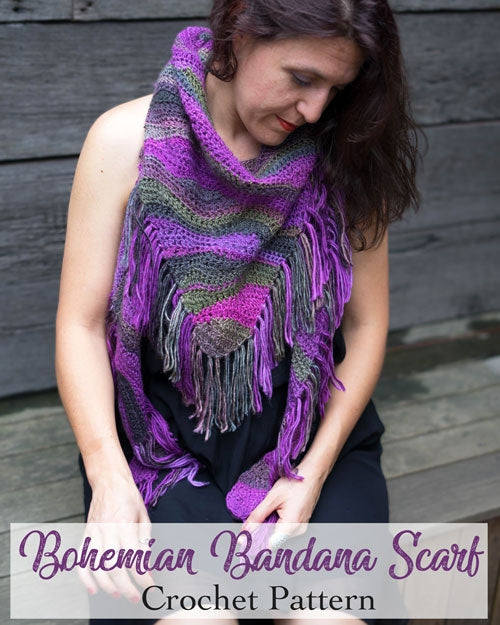 Crochet Pattern Colorful Striped Shawl with Tassels or Fringe Bohemian Bandana Scarf, Beginner Crochet Pattern Yarn Designers Boutique
