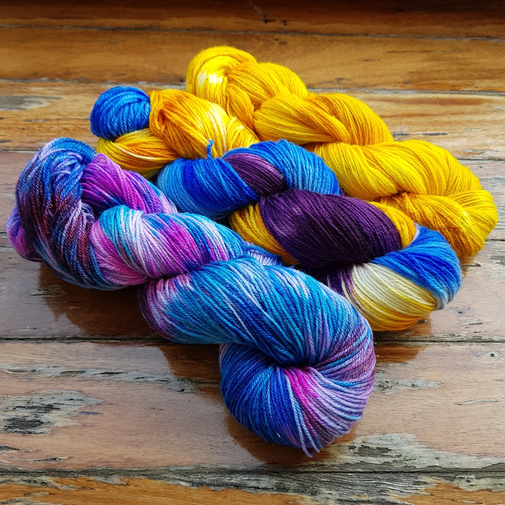 Yarn Kit | Yarn Fade Set | 3 Hanks Yellow, Purple, Blue Hand Dyed Yarn, Cali Sunshine Three Skein Fade (Choose Your Base Yarn) Yarn Designers Boutique