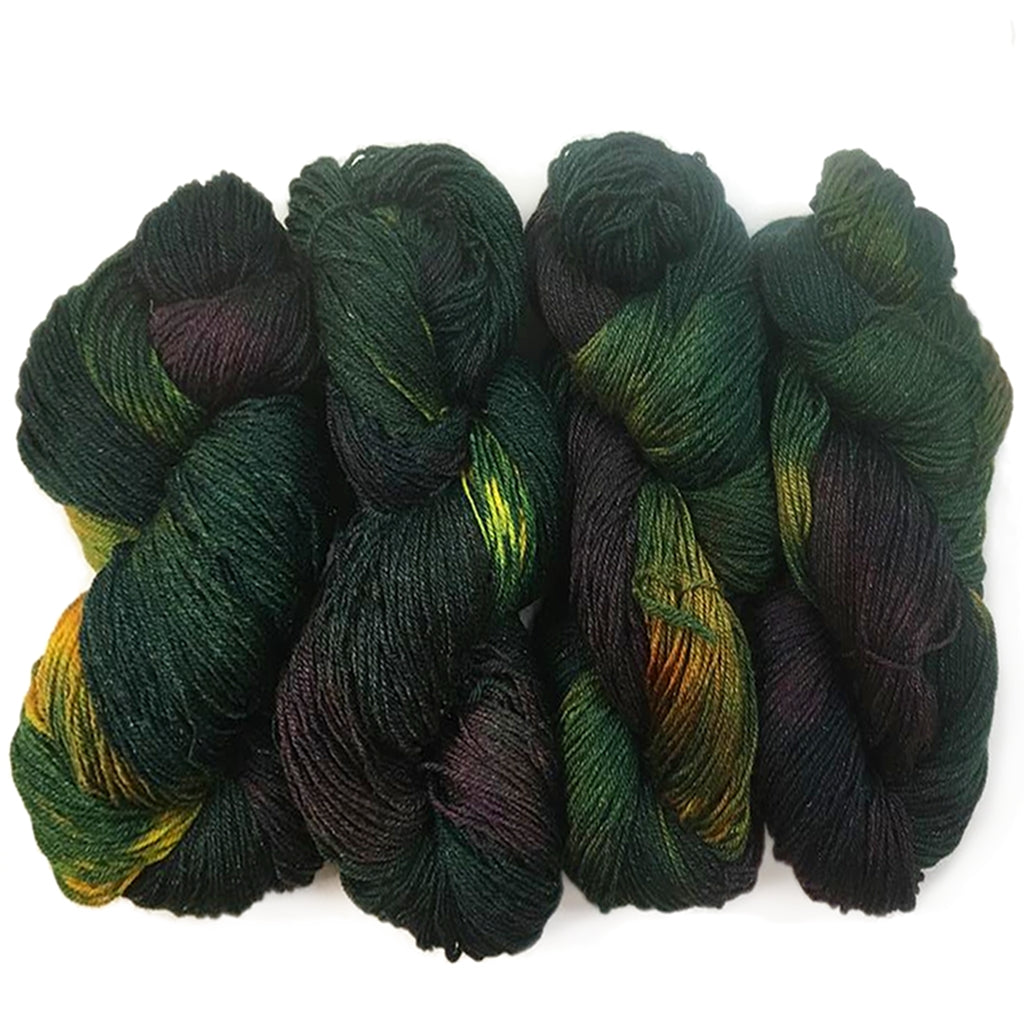 Sock Yarn | Hand Dyed Sparkly Sock, Purple, Gold & Green Yarn Deep Southern Sole, Sparkling Sock Yarn Yarn Designers Boutique