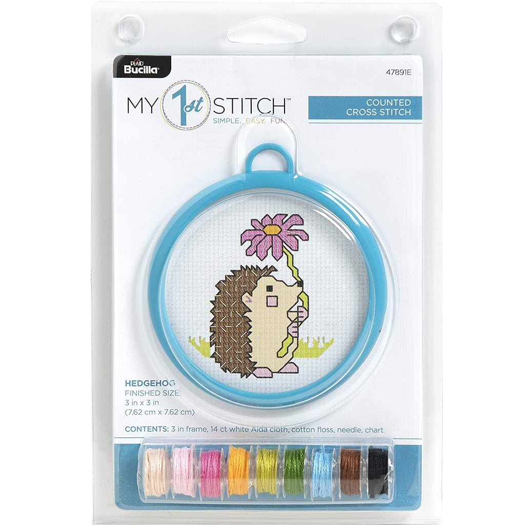 Kids Cross Stitch Kit, Mini Hedgehog With Flower Learn To Cross Stitch Harry Hedgehog Beginner Kit, My First Cross Stitch by Bucilla Yarn Designers Boutique