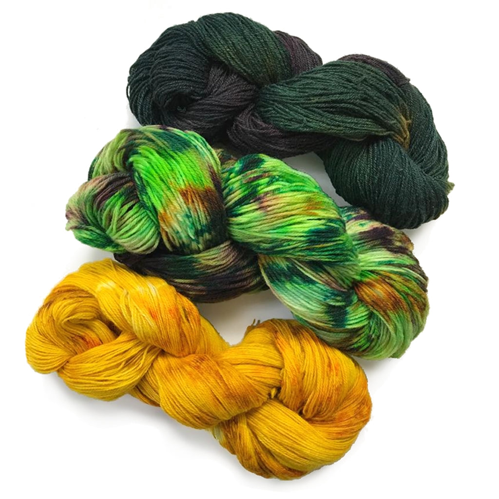 Sock/Fingering Weight Yarn Kit, 3 Skeins, Jungle Juice, Greens & Gold Jungle Juice, Three Skein Fade, Sock Weight Yarn Designers Boutique