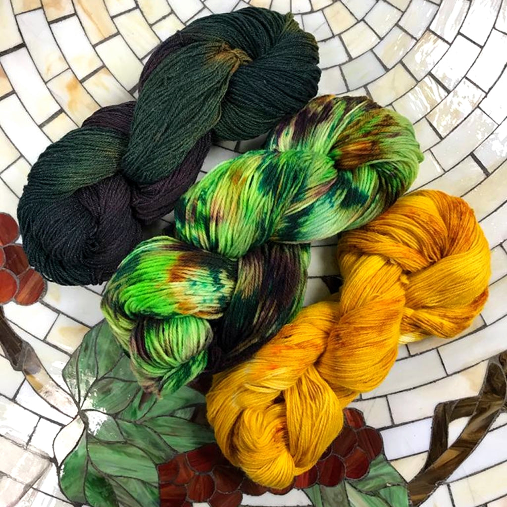 Sock/Fingering Weight Yarn Kit, 3 Skeins, Jungle Juice, Greens & Gold Jungle Juice, Three Skein Fade, Sock Weight Yarn Designers Boutique