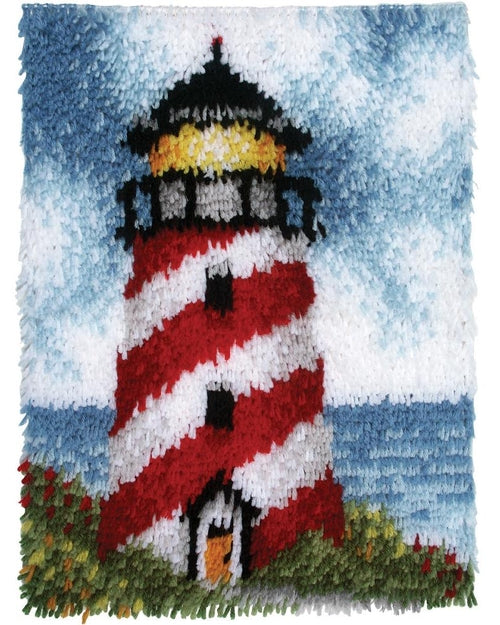 Latch Hook, Red & White Lightouse | Latch Kits for Kids & Adults Candy Striped Lighthouse, Sailors Beacon Latch Hook Kit, 15" x 20" Yarn Designers Boutique