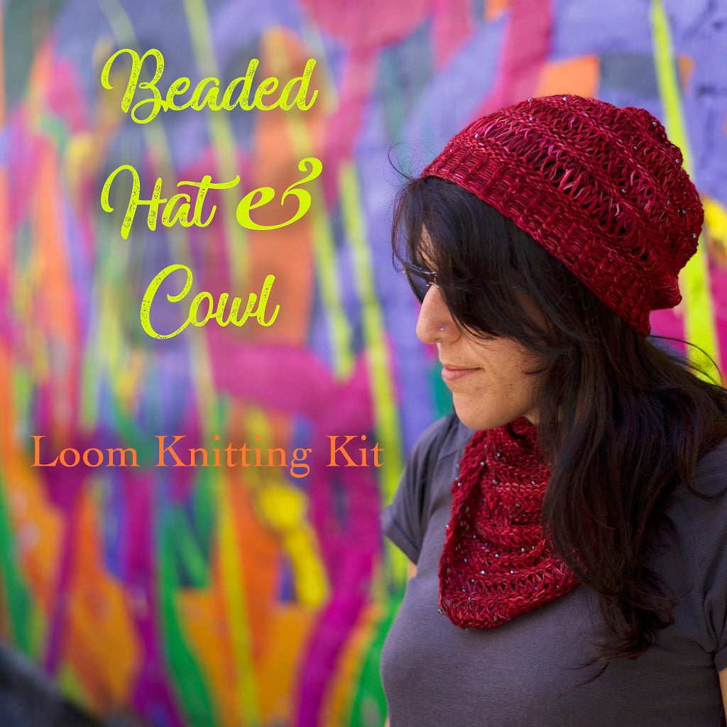 Loom Knitting Kit | Beaded Hat & Cowl Kit, Yarn + Beads +Pattern Beaded Hat and Cowl, Loom Knitting Kit Yarn Designers Boutique