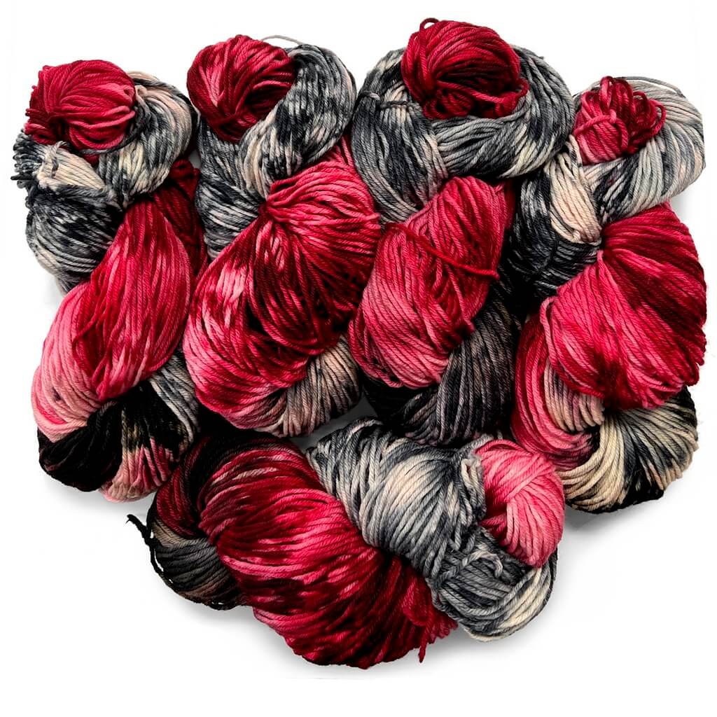 Red Yarn with Grey & Black Accents | Worsted Hand Dyed Pooling Yarn Red Ashes, Red & Black Pooling Yarn Yarn Designers Boutique