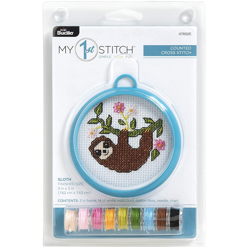 Kids Beginner Cross Stitch Kit, Happy Sloth Hanging from a Branch Sammy Sloth, My First Cross Stitch Kit by Bucilla Yarn Designers Boutique