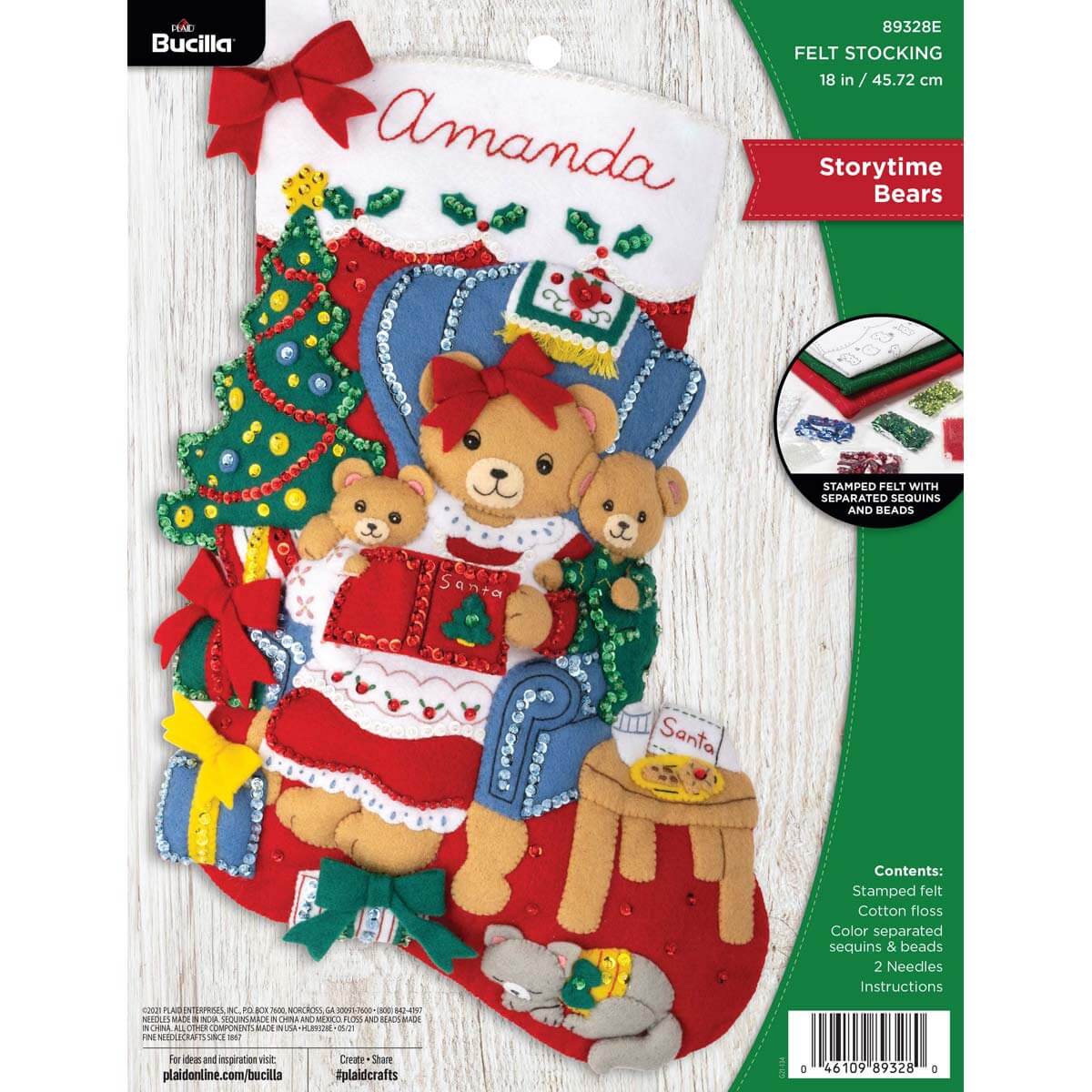 Christmas Stocking Kit, Storytime Bears, Gift Packaged, Christmas Stocking Felt Kit with Sequins