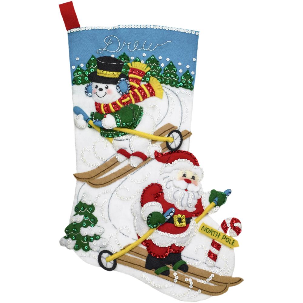 Christmas Stocking Kit, Bucilla Downhill Skiers Santa And Snowman Downhill Skiers, Bucilla 18" Christmas Stocking Kit Yarn Designers Boutique