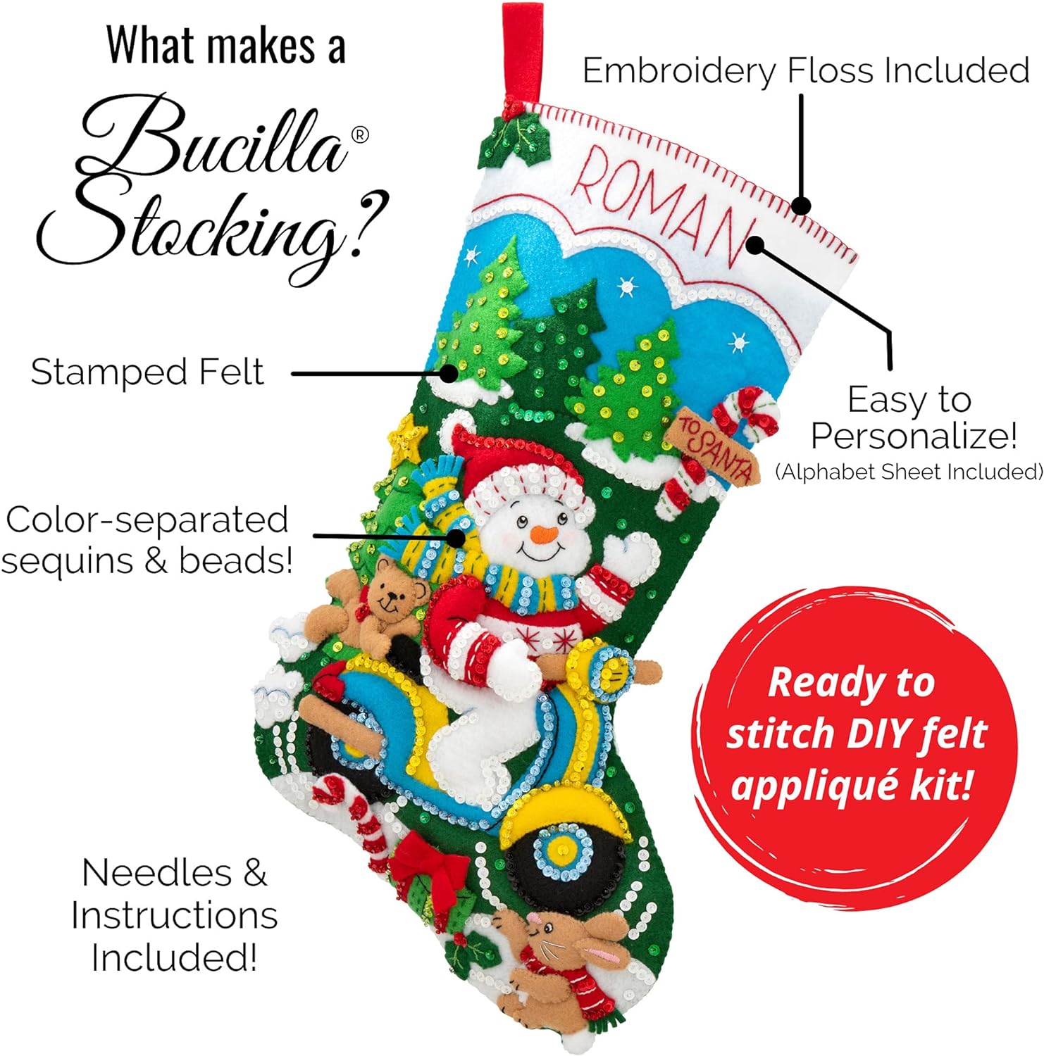 Christmas Stocking Kit, Playing in the Snow, Felt Stocking Kit ChristmasStocking Kit, Playing in the Snow 18" Long Yarn Designers Boutique