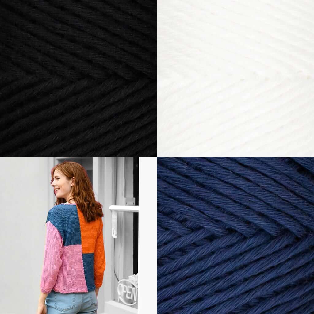 Fall/Summer Sweater Knitting Kit Katie Color Block Sweater kit colors black white blue