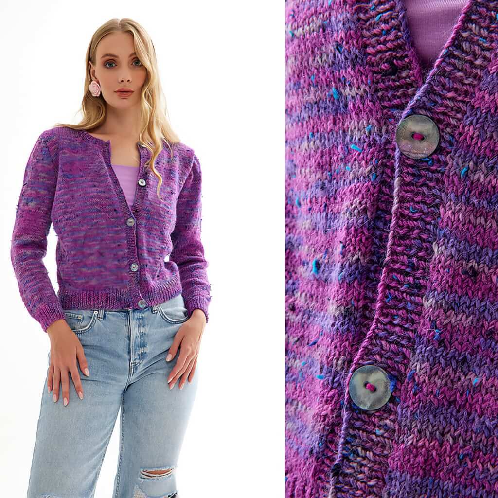 Fall Sweater Knitting Pattern Soibhan Sweater by Jody Long purple knit button up cardigan