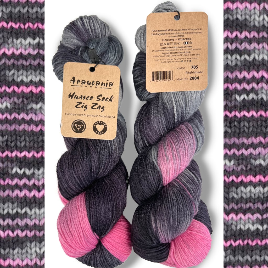 Sock Yarn Huasco Sock Zig Zag, Araucania Hand Painted Sock Yarn black and pink self patterning yarn