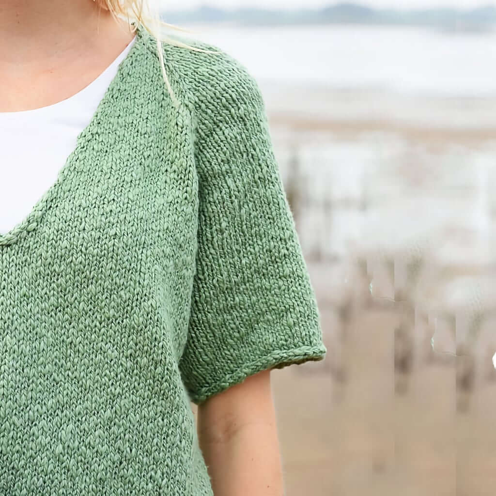 Summer Knit Top Pattern Alma V-Neck Knit Top, Mirasol Yarns, light green v-neck knit sweater pattern