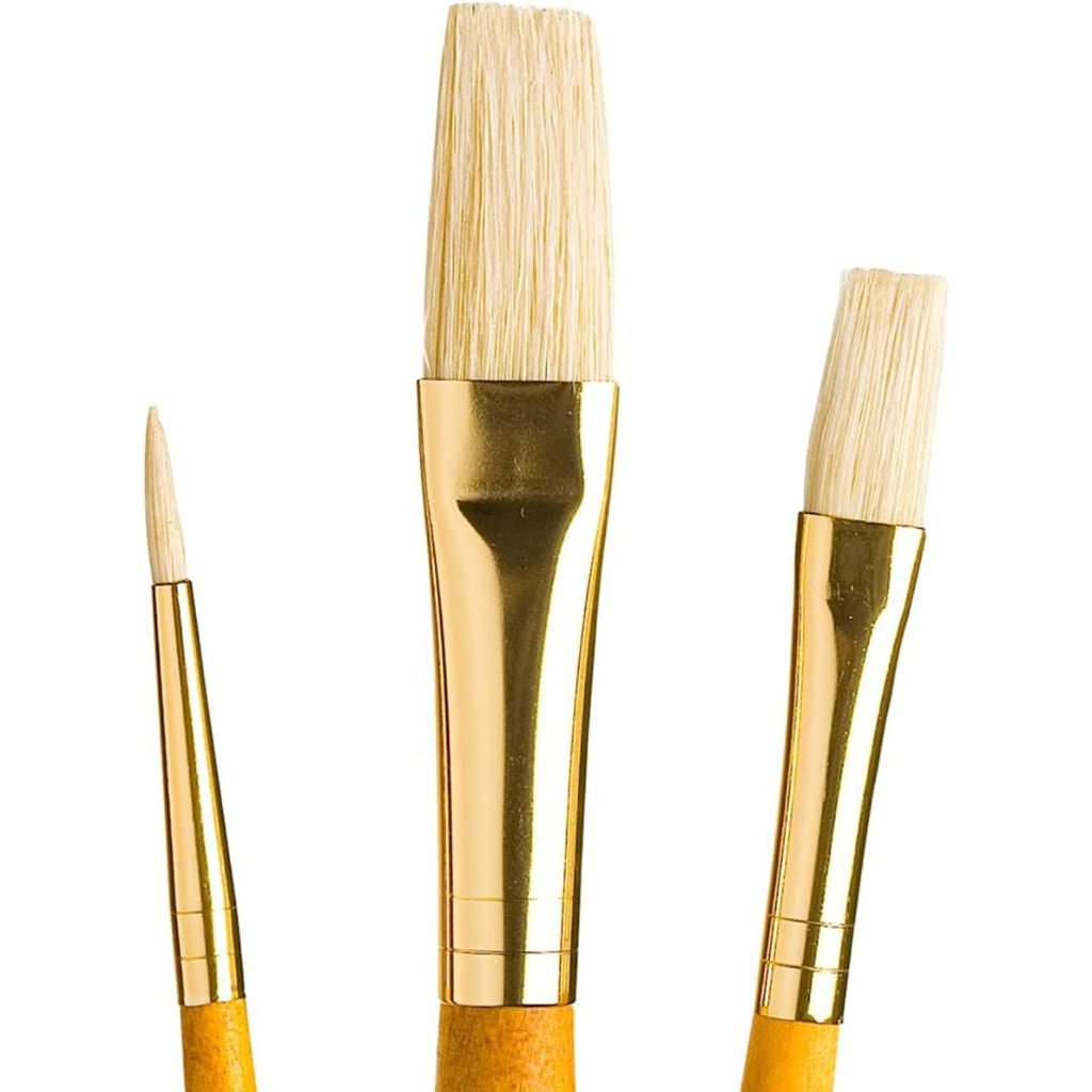 Paint Brushes, Bristle Natural Brush Set of 3 - Round & Flat Ideal for Beginners & Students, Good Quality Sable Hair Brushes