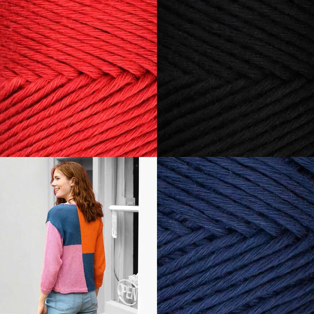 Fall/Summer Sweater Knitting Kit Katie Color Block Sweater kit colors red black blue