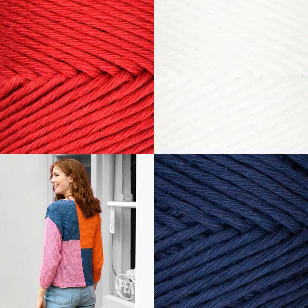 Fall/Summer Sweater Knitting Kit Katie Color Block Sweater kit colors rd white blue