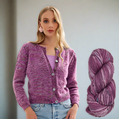 knitting kit cardigan pattern, woman wearing purple sweater