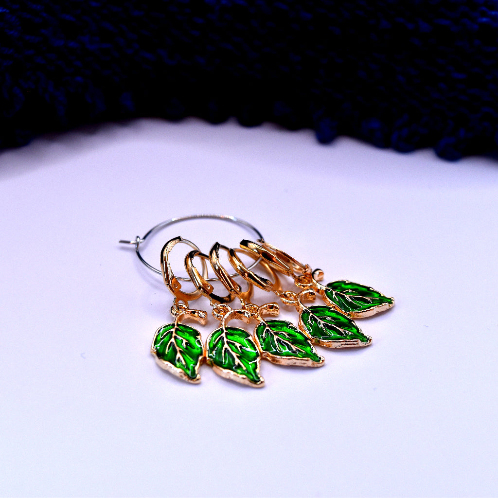 gold leafs stitch markers. plant theme yarn accessory.