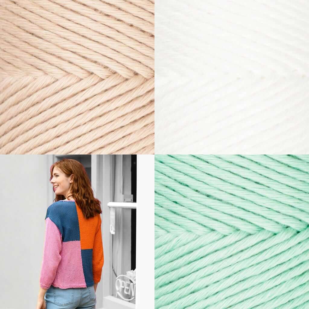 Fall/Summer Sweater Knitting Kit Katie Color Block Sweater kit colors tan white mint