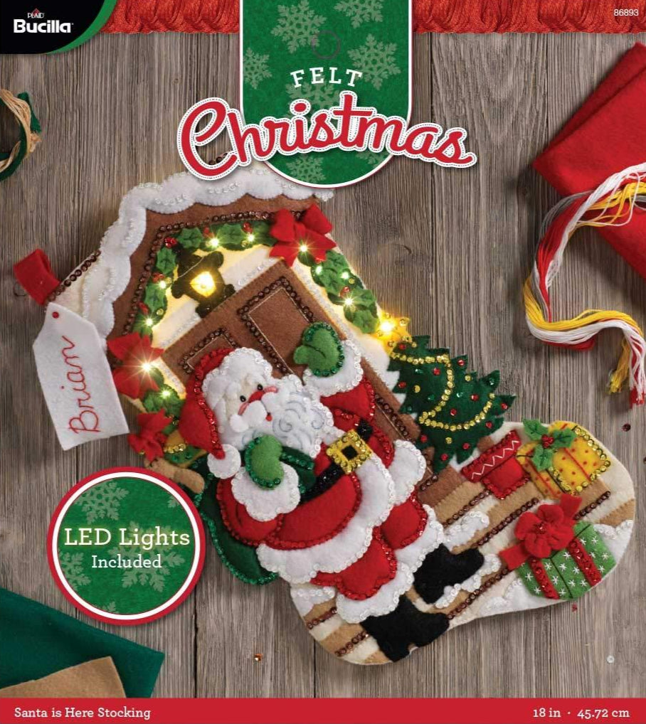 Bucilla Felt Stocking Applique Kit 18 Long Santa Is Here w/Lights