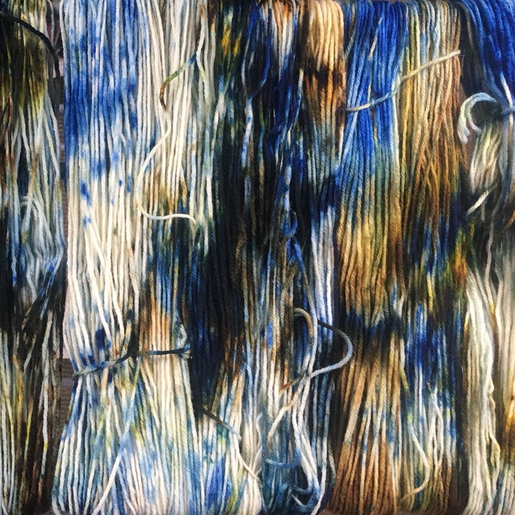 Hand Dyed Yarn, Speckled Sapphire Blue, Brown, Gold, Worsted Superwash Sapphire Blue, Brown, & Gold, Worsted Superwash Merino Yarn Designers Boutique