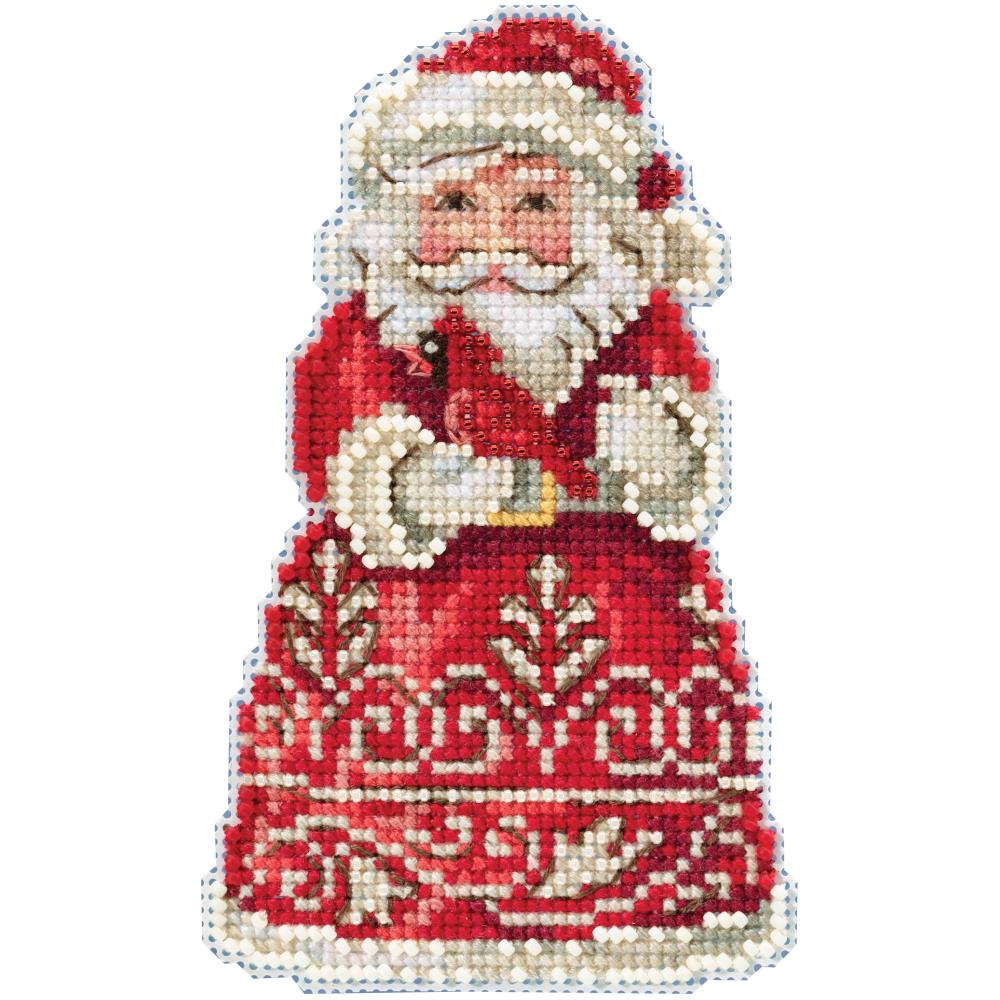 Cross Stitch Christmas Ornament | Traditional Santa Beaded Cross Stitch Christmas Cross Stitch Kit, Santa with Cardinal Yarn Designers Boutique