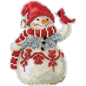Cross Stitch Christmas Ornament | Red & White Snowman Holding Cardinal Winter Cross Stitch Kit, Frosty the Snowman with Cardinal Yarn Designers Boutique
