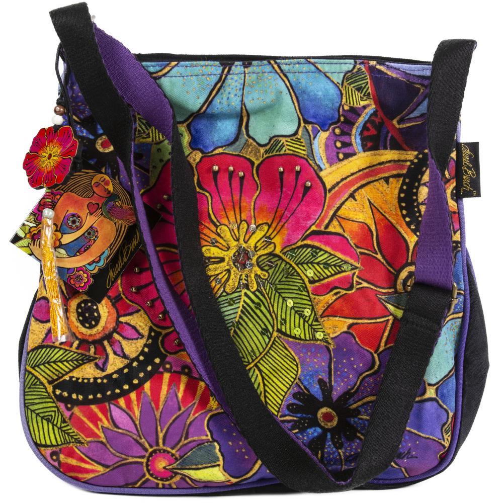 Laurel Burch Medium Crossbody Bag, Bright Flowers with Zipper Top Laurel Burch Crossbody Bag, Floral Print Yarn Designers Boutique