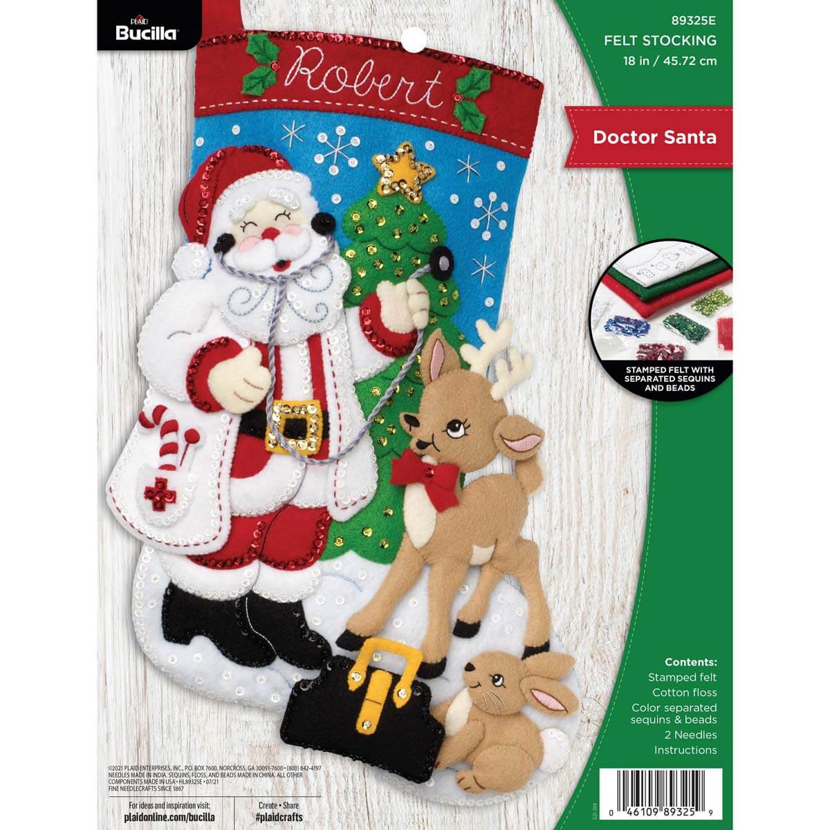 Christmas Stocking Kit, Doctor Santa | 18 Inch Felt Applique Stocking Doctor Santa, Christmas Felt Stocking Kit 18" Yarn Designers Boutique