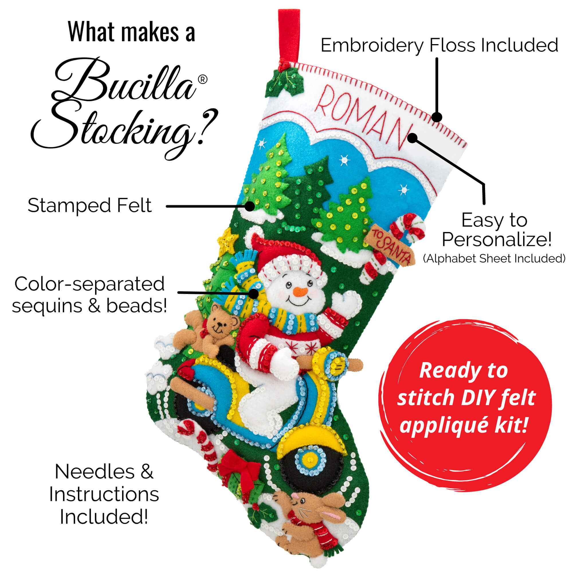 Christmas Stocking Kit, Doctor Santa | 18 Inch Felt Applique Stocking Doctor Santa, Christmas Felt Stocking Kit 18" Yarn Designers Boutique