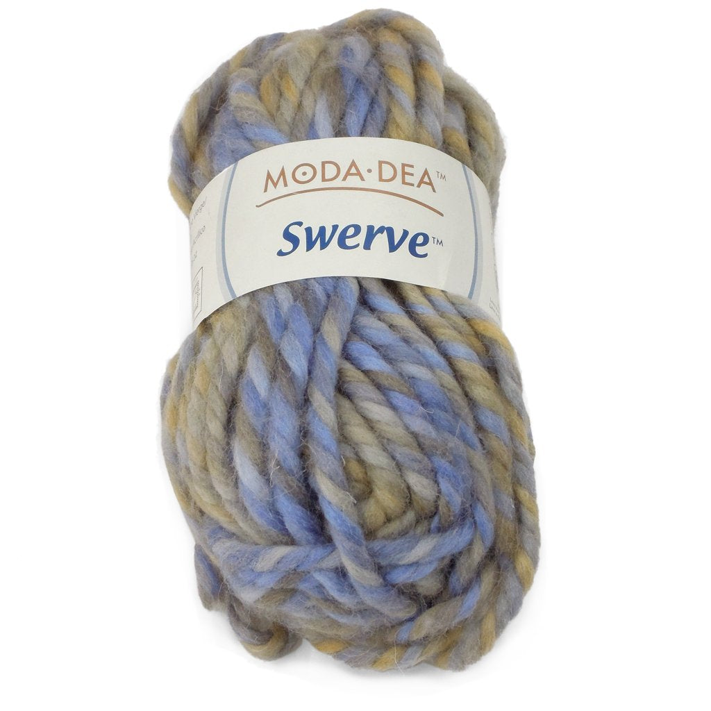 Swerve Yarn by Moda Dea | Super Bulky Weight Wool Yarn Blend in blues and tans.