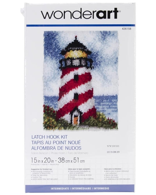 Latch Hook, Red & White Lightouse | Latch Kits for Kids & Adults Candy Striped Lighthouse, Sailors Beacon Latch Hook Kit, 15" x 20" Yarn Designers Boutique