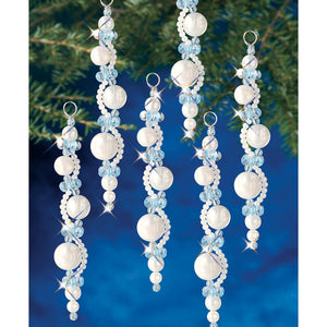 Christmas Decorations | DIY Christmas Ornament Kit, Pearls & Crystals Christmas Ornament Kit, White & Blue Pearl Icicle #7446 Yarn Designers Boutique