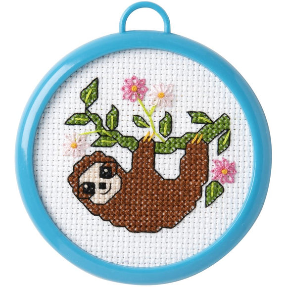 Kids Beginner Cross Stitch Kit, Happy Sloth Hanging from a Branch Sammy Sloth, My First Cross Stitch Kit by Bucilla Yarn Designers Boutique